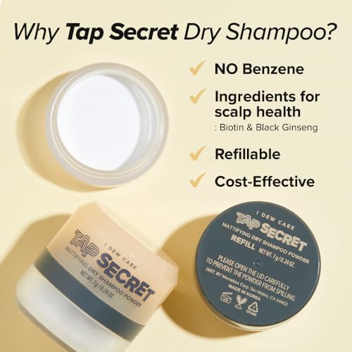 I DEW CARE Tap Secret Dry Shampoo Powder with Biotin - Tap Secret Original | Strengthening & Volumizing, Refillable, Travel size, Non-aerosol, Brunette, Korean Ginseng, Dry Shampoo for Women, 0.24 Oz