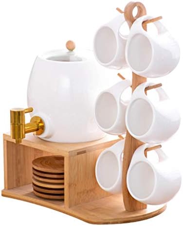 WLNKJ Ceramics Coffee Cup Saucer Set with 8 Pieces,Home Porcelain Tea Set with Faucet Kettle And Bamboo Cup Holder,Simple Style Tea Cup And Saucer Set