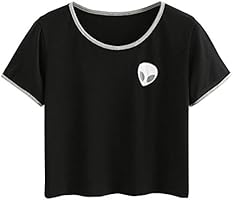 Froomer Women Short Sleeves Crop T-Shirt Top Aliens Printed Short Tops (Asian XL, Black)