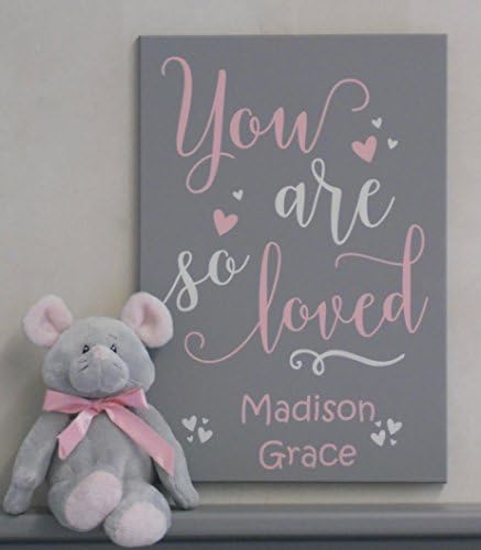 You Are So Loved - Saying, Baby Girl Nursery, Wall Art Quotes, Personalized with Name, Light Pink and Gray Wooden Sign