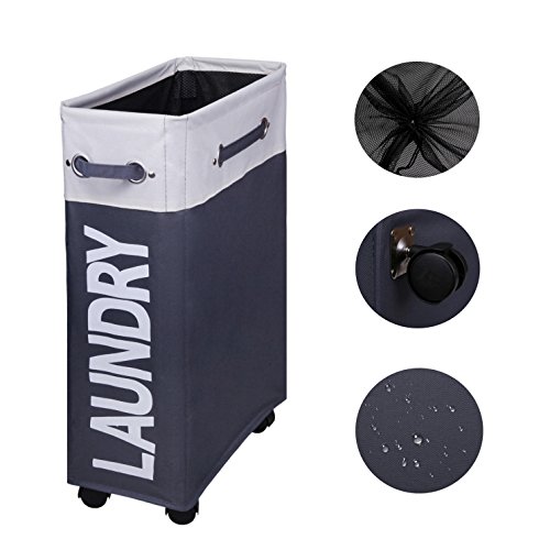 Cleversion Slim Collapsible Laundry Basket with Wheels,Washing Clothes Hamper with Handles, Rolling Laundry Organizer for kids,baby,teens(Gray&amp;Beige)