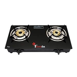 Thermador Toughened ISI Certified 2 Brass Burner Glass Top Gas Stove (LPG Use Only, Auto Ignition, Black)