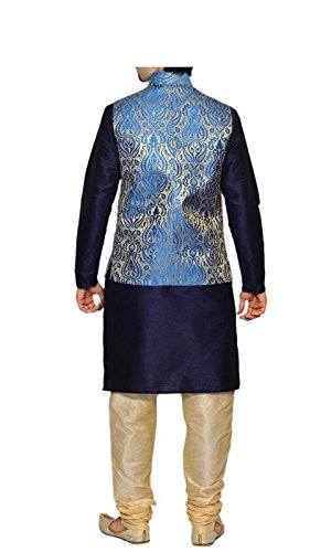 inyour men's silk royel blue gold waiscoat,dark blue kurta,gold pajama set_inyour-tr3142wcp