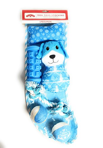 Holiday Time Dog Toys Stocking with Six (6) Blue Pet Toys Including Balls Squeakers and Tug-of-War Rope