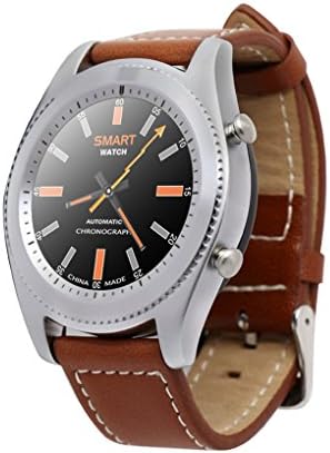 RBwinner S9 Bluetooth Leather Band Smart Watches Heart Rate Monitor Fitness Tracker For Android IOS (silver &amp; Brown leather strap)