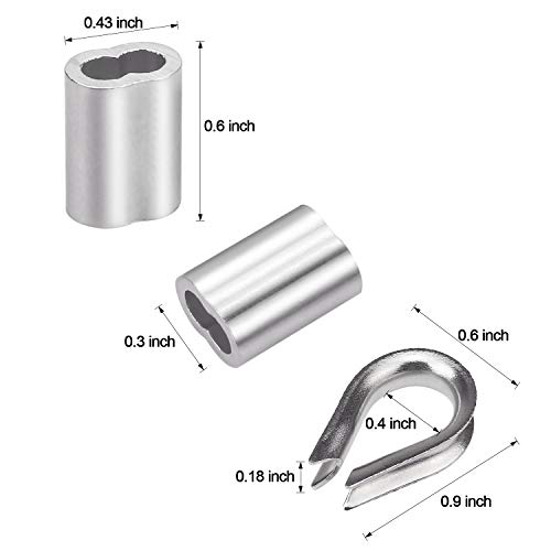 Favordrory Cable Railing Kits Includes 1/8 Inch x 33 Feet 304 Stainless Steel Wire Rope Cable, 50 Pieces Aluminum Crimping Sleeves and 12 Pieces Thimbles for Railing, Decking, Picture Hanging