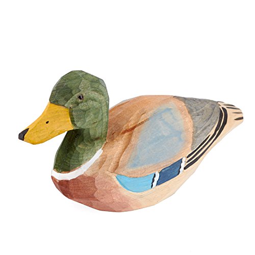 Painted Carved Wood Duck with Dark Green Head | for Indoor Decor