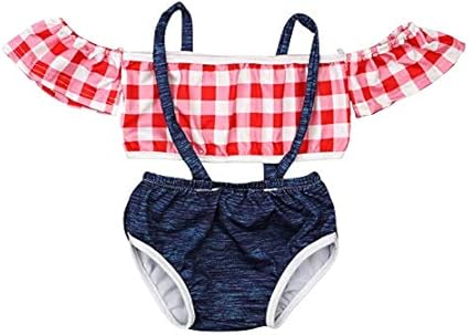 Amazon Co Jp Hikari Baby インポートらしいデザイン赤ちゃんも ギンガムチェック キッズ ビキニ 水着 女の子 ガールズ タンキニ サスペンダー デニム風 オフショルダー スイムウェア ワンピース 90 ベビー マタニティ