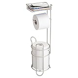 mDesign Freestanding Metal Wire Toilet Paper Roll Holder Stand and Dispenser with Storage Shelf for Cell, Mobile Phone - Bathroom Storage Organization - Holds 3 Mega Rolls - Satin