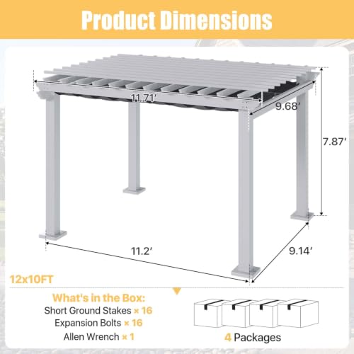 12 Ft. W x 10 Ft. D Patio Pergola with Retractable Canopy, White Powder-Coated Metal Frame, Gray UPF50+ Waterproof Shade Cover, Grape Trellis Top image 10