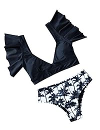 Bañador para dama con volantes, cintura alta, dos piezas, estampado tropical