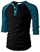 H2H Man's Unique Color Blocked 3/4 Sleeve Henley Baseball Jersey Knit T Shirt BLACKPEACOCK US L/Asia XL (CMTTS0174)