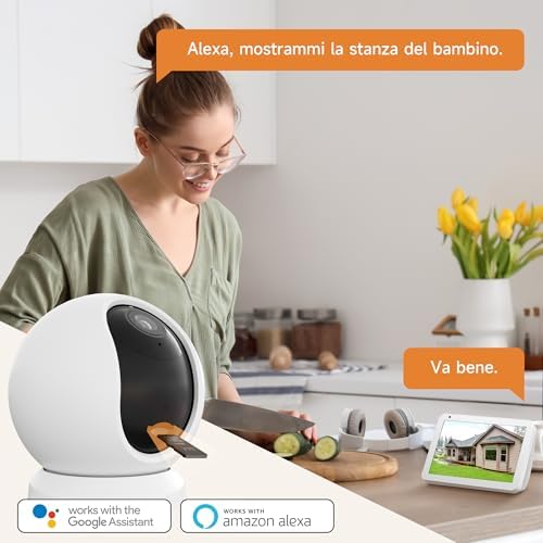 Telecamera Wi-Fi Interno 2K 3MP, PTZ 355° Telecamera Sorveglianza Interno, Telecamera Cani con Visione Notturna, Rilevamento di Umano/Movimento, Audio Bidirezionale, Compatibile con Alexa