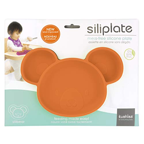 Kushies Siliplate, Silicone Suction Plate For Toddlers, BPA, PVC & Phtalate Free, Dishwasher, Microwave & Oven Safe, Non Slip, Non Skid Stay Put Feeding Dishess - Orange Bear (Carrot)