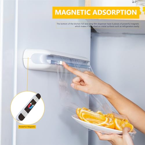 Quasziwa Magnetic Food Wrap Dispenser - Aluminium Foil Dispenser with Sharp Blades - Improved Wall Cutter, Food Film Dispenser for Kitchen Drawers, White
