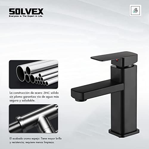 SOLVEX Mezcladora para Lavabo de Baño, Llave Monomando para Lavabo, Grifo para Lavabo de Baño, Llaves para Lavabo de baño Acero Inoxidable, con Líneas de Suministro, Acabado Negro, SP-10041-N