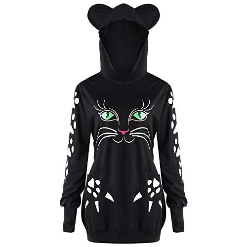 Sanyyanlsy Fall Winter Women's Cat Ear Hoodie Sweatshirt Black Long Sleeve Cat Paw Print Slim T-Shirt Tops with Pocket
