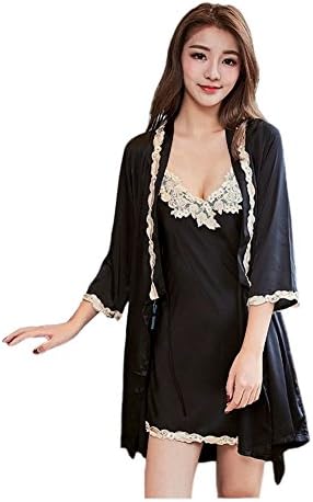 Most CN1421 Women's Satin Sleepwear, Lace Cami Nightgown and Robe Set Black