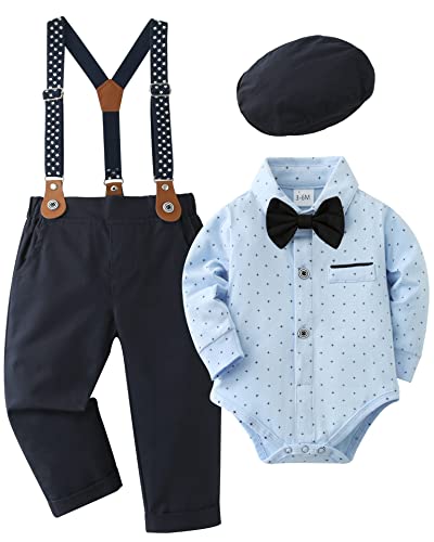 DISAUR Baby Boy Clothes Suits 4PCS Gentleman Outfit Dress Romper Beret Hat Suspender Pants Bow Tie Wedding Set