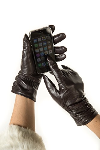 Marino Womens Warm Fashion Leather Touch Screen Gloves, Extreme Cold Weather Waterproof Gloves with Insulation Liner With Button Design - Brown - Medium - With Touch Screen