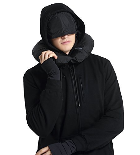 XY37 Men Travel Jacket Hoodie 10 Pockets Travel Pillow Eye Mask Face Mask Gloves,Black,Medium