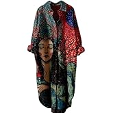 Epanus Women Casual Boho Floral Print Linen Maxi Dress Long Sleeve Button Down Lapel Loose Beach Vacation Flowy Shirt Dress