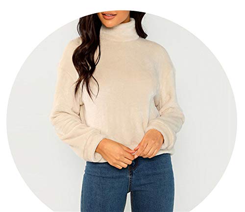 High Neck Faux Fur Belted Solid Pullover Sweatshirt Winter Minimalist Casual Women Sweatshirts,Beige,XS