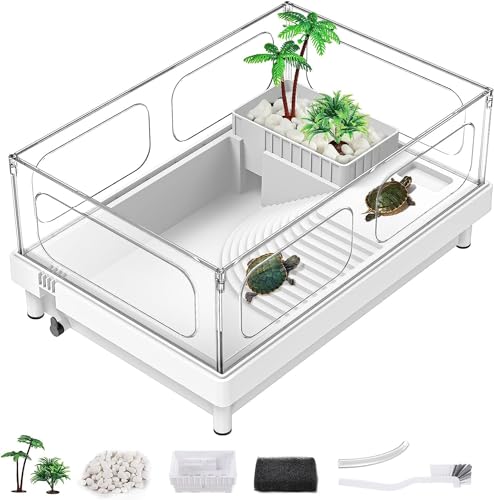 Photo 1 of MoonOrange Small Turtle Tank, Turtle Aquarium, Acrylic Turtle Terrarium with Basking Platform, Bottom Drainage, Multi-Function Areas for Turtles, Crabs, Crayfish, Small Reptiles. (White Tank)
