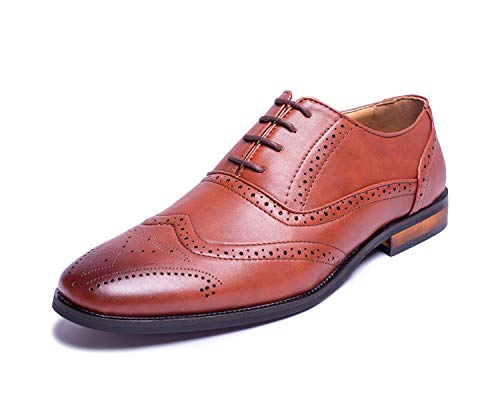 Jabasic Men Oxford Dress Shoes Casual Classic Lace Up Wingtip Shoes (7,Tan)