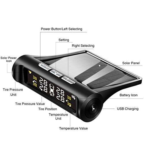 VSTM Tire Pressure Monitoring System TPMS,Solar Power Universal Wireless Car Alarm System with 4 External Sensors,6 Alarm Modes,LCD Real-time Display Pressure & Temperature Alerts Ensure Safe Driving