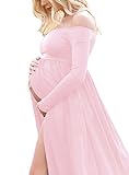 JustVH Maternity Chiffon Gown Off Shoulder Long Sleeve Front Split Maxi Photography Dress