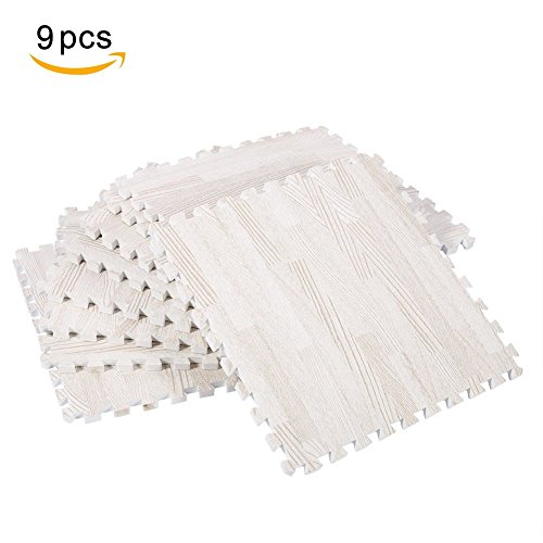 9Pcs 30x30cm Printed Wood Grain Interlocking Soft EVA Foam Floor Puzzle Mats For Gym Equipment Kids Play, White