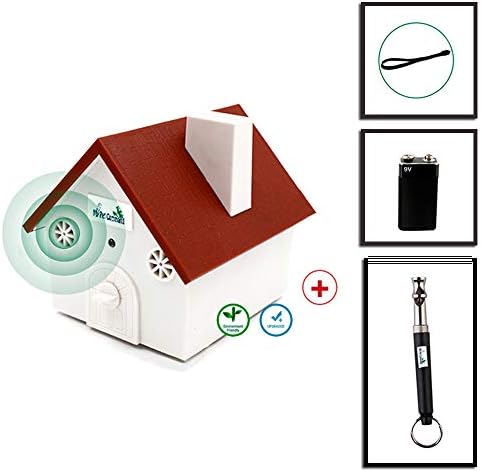 Ultrasonic Dog Bark Controller + Dog Whistle - Anti Barking Device - Safe for Pets & Humans - Easy Hanging Bird House with Free Training Whistle & Battery to Train Dogs to Stop Barking 3 Settings