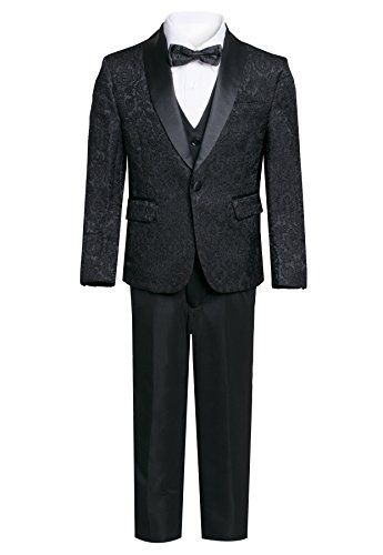 Boys Premium Paisley Patterned Shawl Lapel Tuxedos - Many Colors (12, Black on Black)