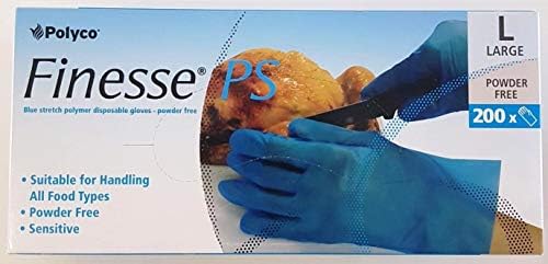 200 Gloves PER Box - Polyco Finesse - PS - M L XL Powder Free Disposable Food Prep Kitchen Medical Cleaning Polymer Gloves (Box of 200) - Powder Free (Blue, Large)