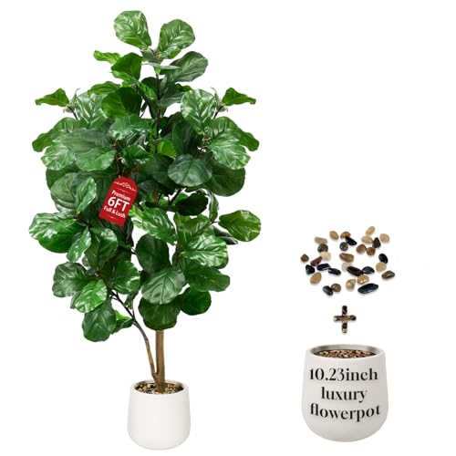 Keeplush Artificial Fiddle Leaf Fig Tree 6ft Faux Fiddle Leaf Fig Tree with White Tall Pot