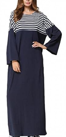 Jaycargogo Womens Muslim Dubai Style Long Sleeve Stripe Abaya Maxi Dress