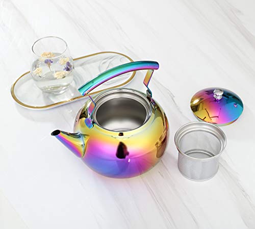 Rainbow Tea Kettle with Infuser for Loose Leaf,Stainless Steel Teapot 2 Liter Coffee Tea Pot Strainer, Colorful Teakettle for Stovetop Induction Stove Top Boiling Water 2 Quart / 68 Ounce by ROYDOM - Thumbnail 4