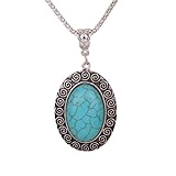 Yazilind Retro Oval Turquoise Pendant Carve Symbol Pendant Chain Necklace