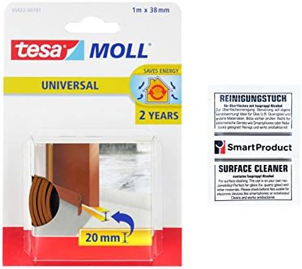 Tesa tesamoll Draught Excluder Seal Self-Adhesive Foam Door Insulation, 1 m x 38 mm, Brown + Alcohol Wipes SmartProduct (Bundle)