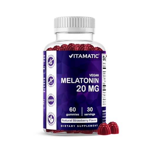 Vitamatic Melatonin 20 mg Gummies, Vegan, Strawberry, 60 Count | 20 mg Melatonin Per Serving, Promotes Relaxation & Sleep Support*, Plant-Based, Gluten Free, Non-GMO