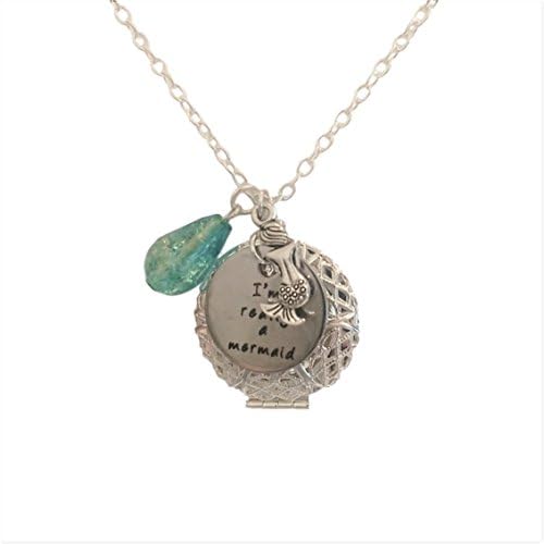 I'm Really a Mermaid Silver-tone Charm with Blue Bead Aromatherapy Necklace Essential Oil Diffuser Locket Pendant Jewelry w/reusable felt pads!
