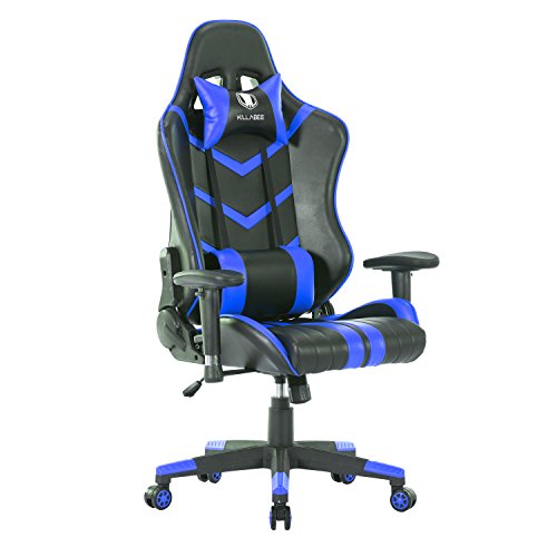 KILLABEE Memory Foam Gaming Chair - 90°-155° Adjustable Back Angle and 2D Arms High-Back Leather Racing Computer Chair Ergonomic Executive Office Chair Adjustable Lumbar Support and Headrest, Blue