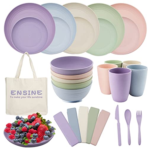 42-Teilig Campinggeschirr-Set, ENSINE Premium Plastikgeschirr Sets mit Tragetasche, Unzerbrechlich Picknick Geschirr für 5 Personen Leicht, 100% Sichere Kunststoffteller, Tassen, Schalen & Besteck Set
