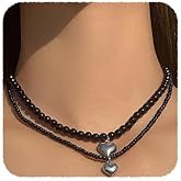 YERTTER Dainty Layered 2 Tier Black Pearl Chain Heart Charms Pendant Choker Necklace for Women