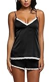 Ekouaer Womens Satin Sleepwear Lace Cami Short Sets Pj Lingerie (Black, XS)