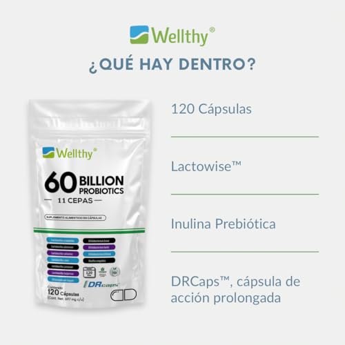 Wellthy Probioticos 60 Billones 11 Cepas. 120 Cápsulas 4 meses de Consumo, Cápsulas Veganas, DRcaps® Acción Prolongada, Bottle Free.