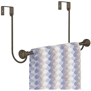 mDesign Metal Bathroom Over Shower Door Towel Rack Holder - Storage Organizer Bar for Hanging Washcloths, Bath, Hand, Face & Fingertip Towels - Bronze