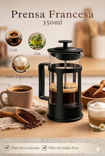 Prensa Francesa 350ml Cafeteira Manual em Aço Inox e Vidro Estilo Classico