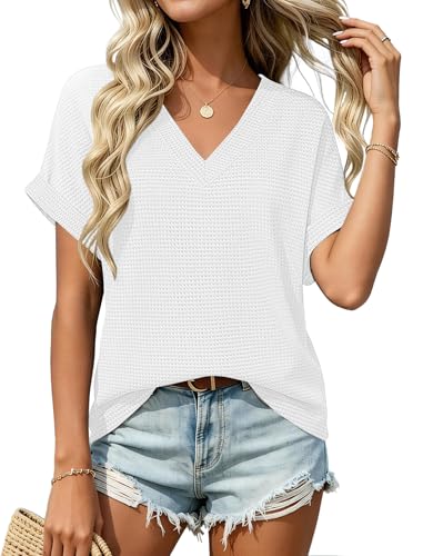 GUNEST Womens White Short Sleeve Shirt Summer Knit Waffle Cover Up Tops Vneck Comfy Beach Tunic Shirts White M at Amazon